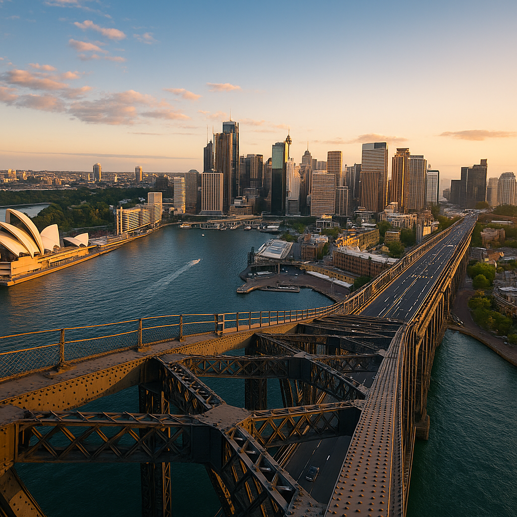 View from the top of Sydney Harbour Bridge over the city skyline